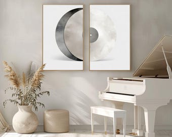 Retro vinylplaat kunst aan de muur, set van 2, minimalistische muziekafdrukken, vintage plaat poster decor, neutraal retro kunstwerk voor thuis, download print