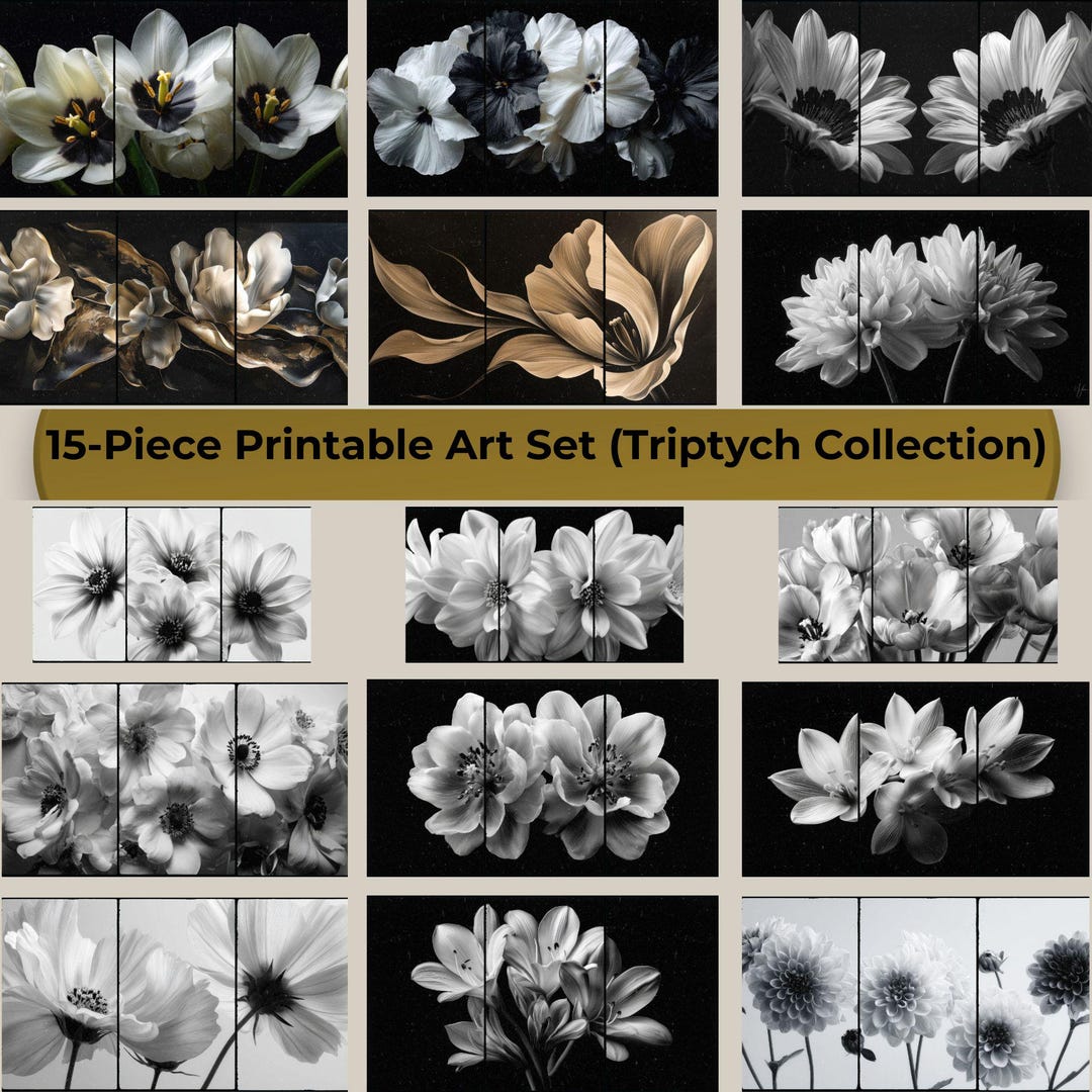 Neutral Floral Triptych Wall Art Set Black White Botanical Prints ...