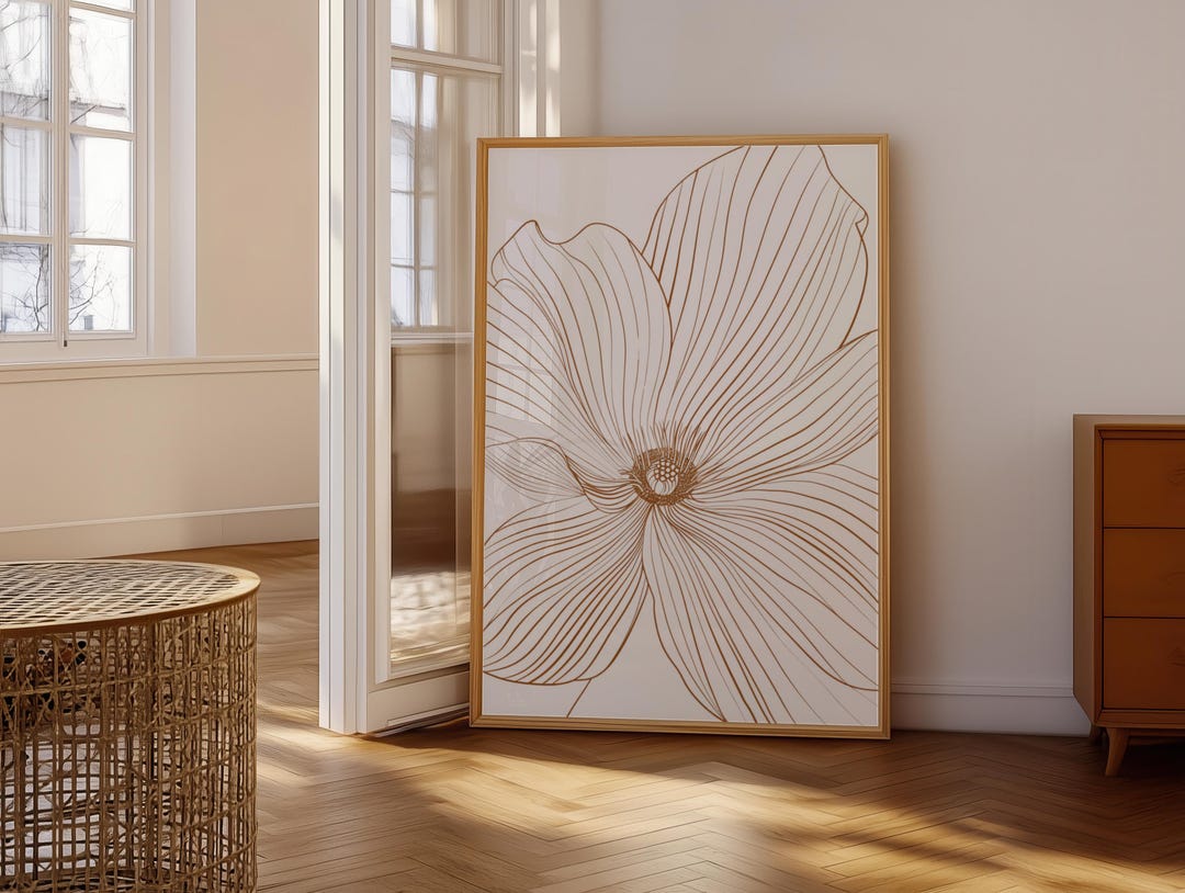 Neutral Botanical Line Art Print Minimalist Beige Flower Wall Decor ...