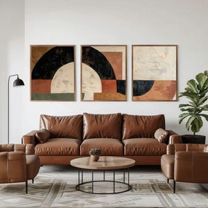 Jordnära geometriska väggkonst set med 3, varmt neutralt uttalandetryck, skulpturala former med textur, stor triptykkonst för modernt vardagsrum