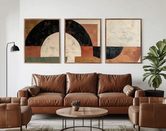 Juego de 3 piezas de arte mural geométrico terroso, impresión neutra cálida, formas esculturales con textura, tríptico grande para sala de estar moderna.