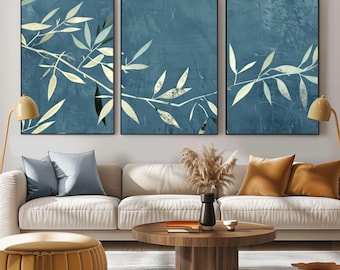 Blue Botanical Wall Art Triptych, Modern Leaf Branch Print, Elegant Nature Decor for Living Room, Minimal Abstract Botanical Artwork Set
