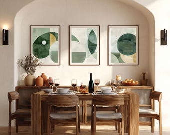 Three Piece Wall Art, Green Abstract Geometric Print, Modern 3 Piece Wall Art Set, Triptych Canvas Decor, Large Minimalist Wall Art