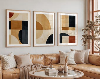 Juego de 3 lienzos geométricos neutros y cálidos para pared, impresión en tonos tierra, tríptico minimalista moderno, decoración de estilo escandinavo para sala de estar.