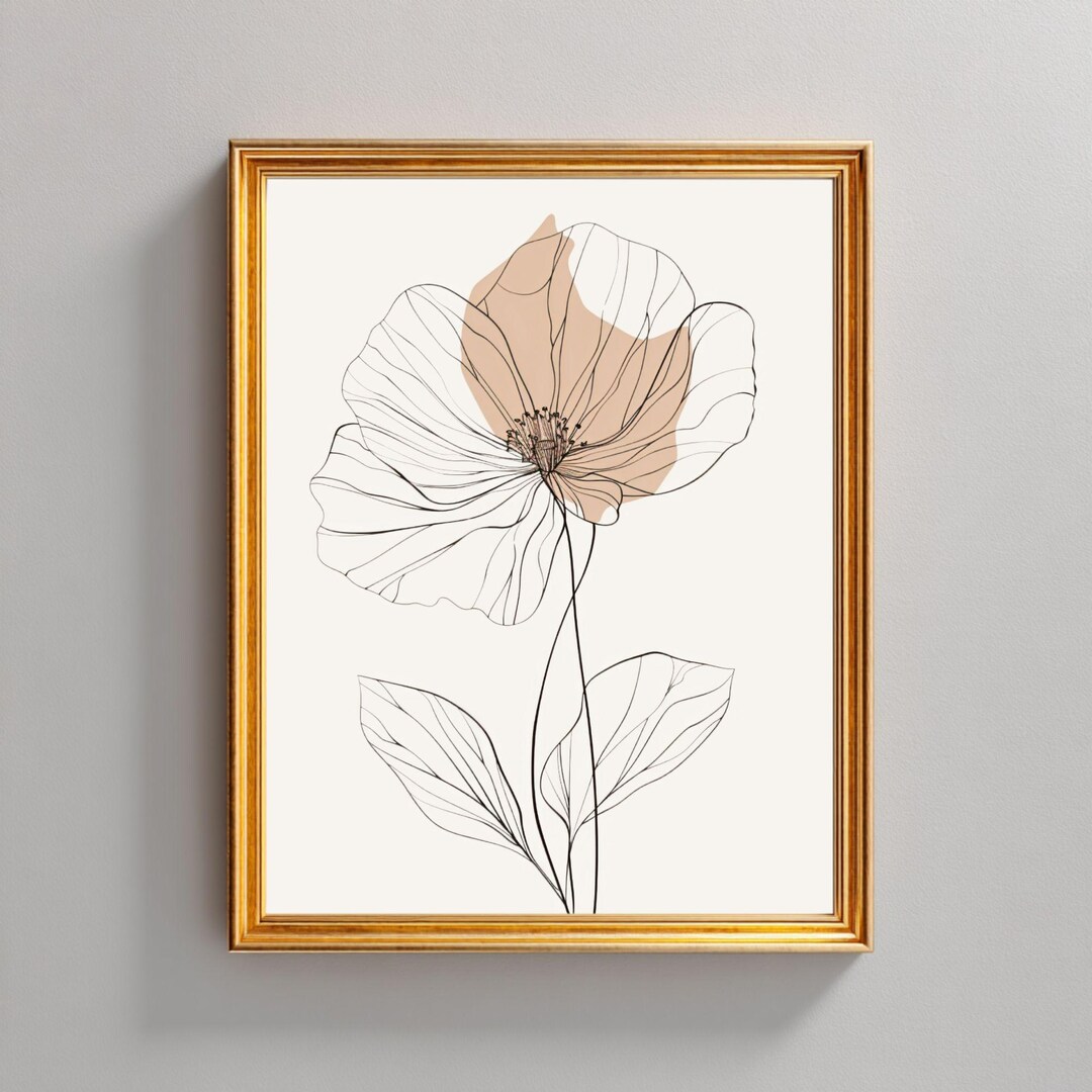 Minimalist Floral Line Art Print, Neutral Beige Botanical Wall Decor ...