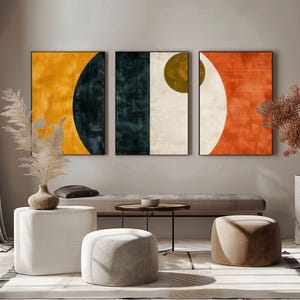 Triptyk i färgblock i mitten av århundradet, jordnära statementkonst, texturerat modernt galleriset, 3 delar överdimensionerad konst för moderna interiörer