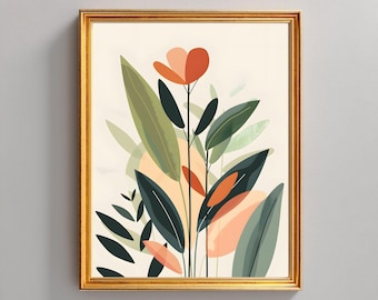 Moderne botanische Wandkunst mit abstrakten Blättern in warmer Terrakotta und sanften Neutraltönen, minimalistische Pflanzenillustration