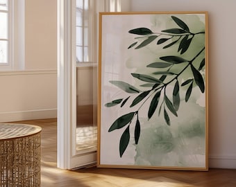 Arte botánico verde, impresión de hojas de olivo, póster minimalista, decoración de pared natural, ilustración de plantas, descarga de impresión moderna, obra de arte con hojas