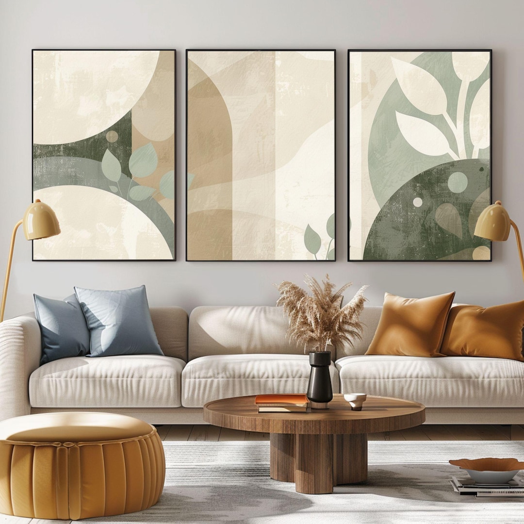 Neutral Botanical Abstract Wall Art Set of 3, Soft Beige Green Modern ...