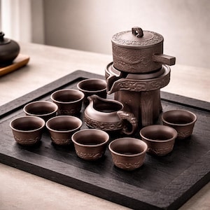 Può includere: Un set da tè in ceramica marrone con teiera, tazze e brocca. Il set da tè è disposto su un vassoio rettangolare scuro. La teiera ha un coperchio e un beccuccio. Le tazze e la brocca presentano motivi decorativi.