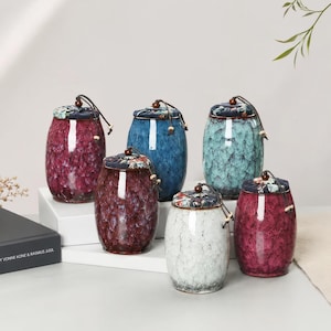 Può includere: Un set di sei barattoli in ceramica con coperchi. I barattoli sono nei toni del rosso, blu e bianco, con superfici strutturate. Ogni barattolo ha un coperchio a fantasia floreale e un dettaglio di corda.