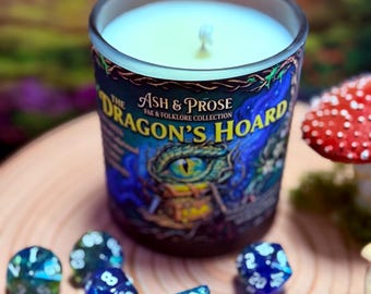The Dragon's Hoard | 8 oz. Fae & Folklore Collection Scented Candle (Includes TTRPG Dice Set)