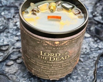 Lord of the Dead Candle ∣ Hades Greek God ∣ Gold Skull & Garnet ∣ Pomegranate, Oud, Patchouli