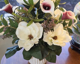 Magnolia Calla Lily Floral Arrangement | White Ridged Planter, All Season Decor