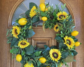 24" Faux Sunflower, Lemons, and Olive Stem Wreath, Tuscsn Summer Wreath