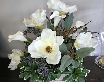 Faux Magnolia Floral Arrangement, Eucalyptus, White Washed Planter