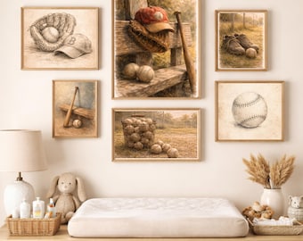 Vintage Baseball Nursery Wall Art Bundle | Boys Sports Nursery Prints | Heirloom Americana Baseball Art | Printable Kids Room Decor