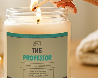 Vela divertida de El Profesor, con aroma a cera de soja y mecha de algodón, ideal como regalo de agradecimiento para la oficina.