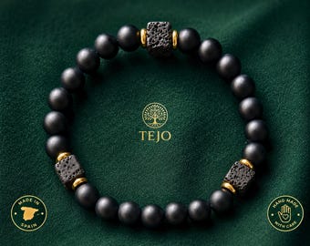 Premium armband voor heren • 22k vergulde accenten • Matzwarte onyx en lavasteen • Vaderdagcadeau voor papa