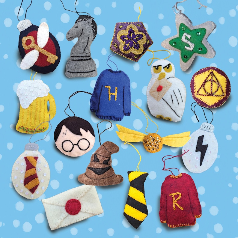 May include: A collection of felt ornaments in various shapes and colors. Includes a chess piece, a star with the letter "S", a beer mug, a sweater with the letter "H", a golden snitch, a lightning bolt, and a letter.
