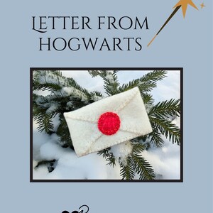 May include: A felt envelope with a red circular seal, labeled "Letter From Hogwarts." The envelope is set against a snowy evergreen backdrop. A gold wand graphic and the "Bird Brain Feltworks" logo are also present.