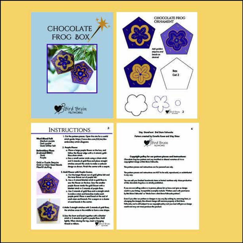 May include: A collection of craft instructions and patterns for a felted Chocolate Frog Box and Ornament. The designs feature a purple pentagon shape with gold and blue floral accents. The instructions include diagrams and material lists.