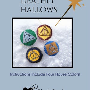 May include: Felt Deathly Hallows ornaments in green, maroon, yellow, and blue, each with a different symbol. The ornaments are on a snowy background, with the text "Deathly Hallows" and "Instructions include Four House Colors!"