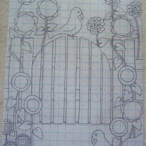 May include: A black and white line drawing of a garden scene with a gate, two birds, and sunflowers. The gate is made of vertical slats and has a rounded top. The birds are perched on the gate and the sunflowers are in bloom.