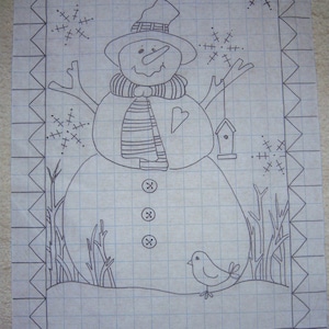 May include: A hand-drawn illustration of a snowman wearing a hat and scarf, with a birdhouse and a bird. The image is outlined in black on a grid background, with snowflakes and a decorative border.