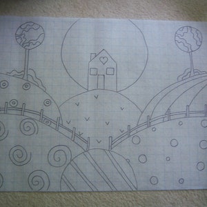 May include: A hand-drawn landscape sketch on graph paper. The scene features rolling hills, a house with a heart-shaped window, trees, and a fence. The drawing is done in black ink.