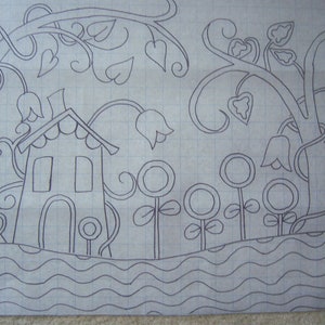 May include: A hand-drawn illustration of a whimsical scene featuring a small house, stylized trees, and flowers. The artwork is outlined in black ink on a grid-lined paper, creating a charming, folk-art style design.
