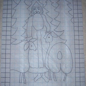 May include: A Christmas-themed drawing on graph paper. The image features Santa Claus standing between two sheep, with Christmas trees in the background. Stars are in the corners of the image.