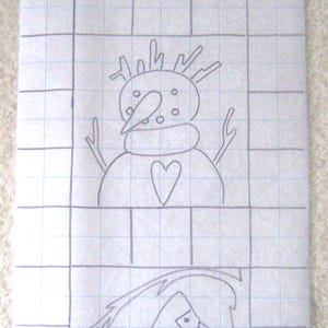 May include: A black and white drawing of a winter scene on graph paper. The drawing includes a snowflake, a snowman with a heart, and a bird.