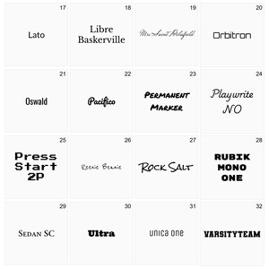 K&ouml;nnte beinhalten: Ein Raster aus wei&szlig;en Karten, die jeweils einen anderen Schriftnamen in Schwarz anzeigen. Zu den Schriftarten geh&ouml;ren "Lato", "Libre Baskerville", "Mrs Saint Belafield", "Orbitron", "Oswald", "Pacifico", "PERMANENT MARKER", "Playwrite NO", "Press Start 2P", "Reenie Beanie", "ROCK SALT", "RUBIK MONO ONE", "SEDAN SC", "Ultra", "unica one" und "VARSITYTEAM".