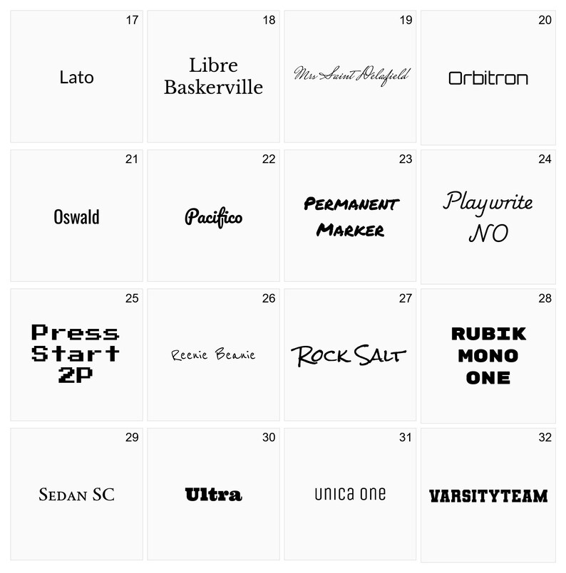 K&ouml;nnte beinhalten: Ein Raster aus wei&szlig;en Karten, die jeweils einen anderen Schriftnamen in Schwarz anzeigen. Zu den Schriftarten geh&ouml;ren "Lato", "Libre Baskerville", "Mrs Saint Belafield", "Orbitron", "Oswald", "Pacifico", "PERMANENT MARKER", "Playwrite NO", "Press Start 2P", "Reenie Beanie", "ROCK SALT", "RUBIK MONO ONE", "SEDAN SC", "Ultra", "unica one" und "VARSITYTEAM".