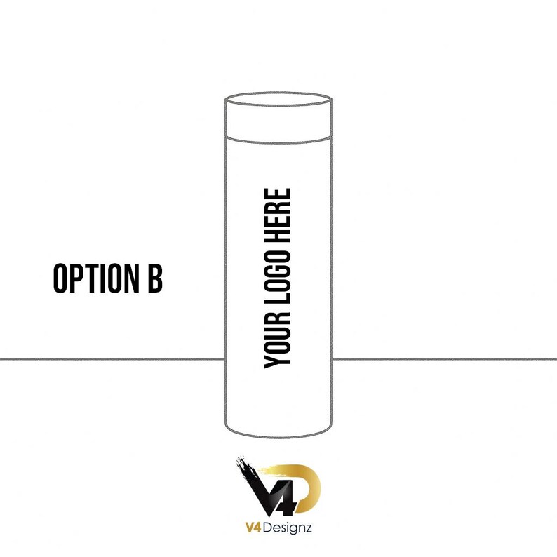 K&ouml;nnte beinhalten: Ein wei&szlig;er, zylindrischer Becher mit Deckel, mit dem Text "YOUR LOGO HERE" in schwarzer, vertikaler Schrift. Die Worte "OPTION B" stehen links. Das V4Designz-Logo befindet sich unten.