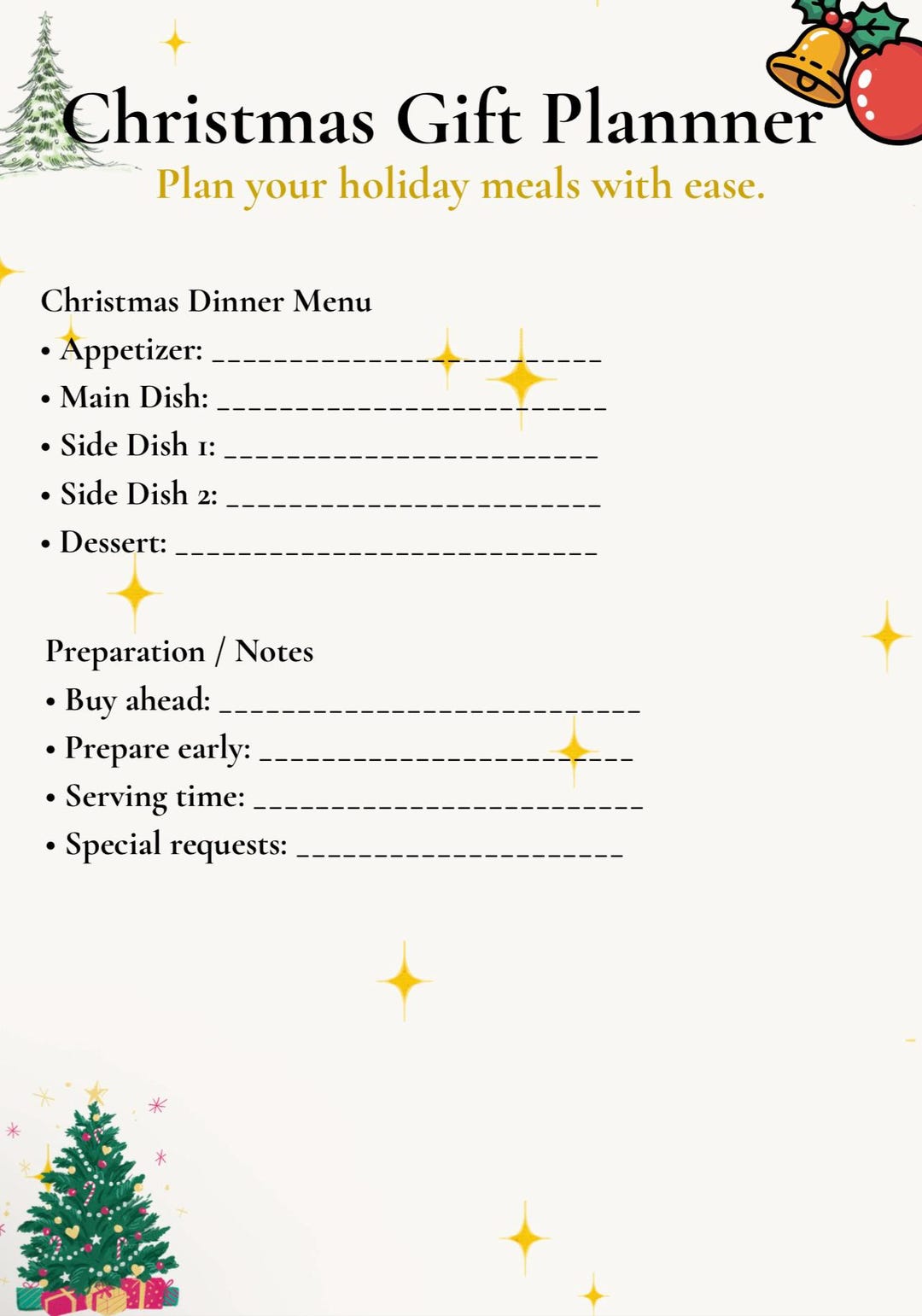 Christmas Dinner Planner Printable Holiday Meal Planning Template