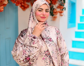 Zahra Floral Satin Isdal – Elegant Full-Length Modest Prayer Dress | Soft Lightweight Islamic Prayer Wear