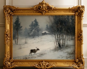 Vintage Moody Lone Reindeer Print, Christmas Deer in the Woods, Holiday Reindeer Painting