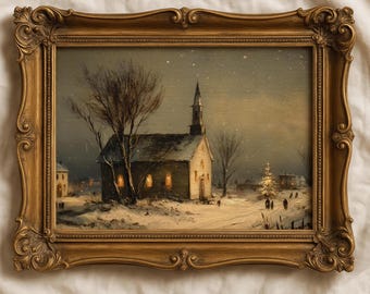 Vintage Winter Church at Night Oil Painting Print, Church in Winter Print