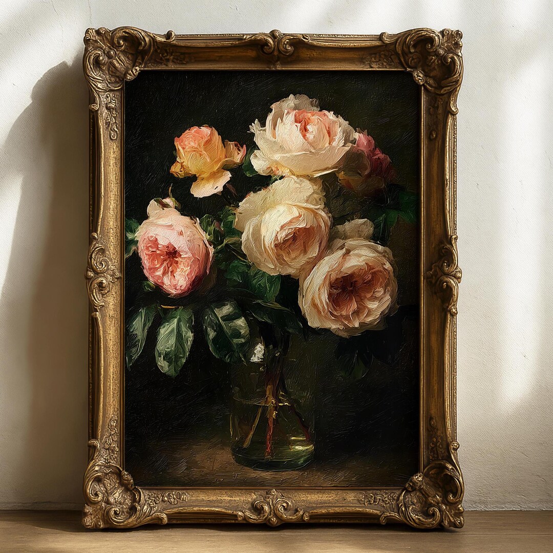 Vintage Pink Roses Print, February Floral Art Work, Winter Flower Oil ...