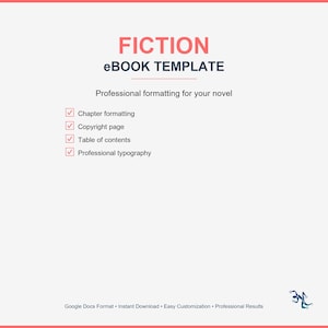 Puede incluir: Un diseño gráfico digital para una plantilla de libro electrónico. El título "FICTION" está en texto grande color coral sobre "eBOOK TEMPLATE" en azul marino. La imagen enumera características como el formato de capítulos y la tipografía profesional.