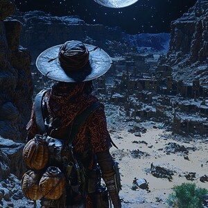 May include: A person wearing a wide-brimmed hat and patterned clothing stands on a rocky terrain, gazing at a large moon in a starry night sky. The person has a backpack with several pouches. The scene evokes a sense of adventure and exploration.