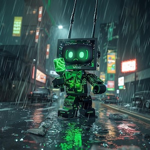 Może przedstawiać: Futurystyczna zabawka robota z ekranem i zielonymi, świecącymi akcentami stoi na deszczowej ulicy. Robot ma anteny i wzór obwodu drukowanego. Słowo "Vea" jest widoczne na piersi robota.