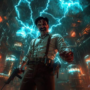 Peut inclure: Illustration numérique d'un homme ensanglanté, hurlant, vêtu d'une chemise blanche et de bretelles, tenant une arme à feu. L'arrière-plan est un décor industriel futuriste avec des éclairs et des néons.