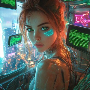 Cyberpunk Hacker Girl in Neon Den – 4K Wallpaper Pack (Mobile)