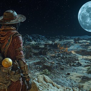 May include: A figure in a hat and ornate clothing stands on a rocky landscape, gazing at a large, glowing moon in a starry night sky. The figure has a backpack with several spherical objects. Ruins are visible in the distance.