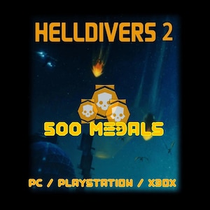 Könnte beinhalten: Werbebild für Helldivers 2, mit dem Titel in Orange vor einem dunkelblauen Weltraumhintergrund. Das Bild zeigt "500 Medaillen" und Logos für PC, PlayStation und XBOX. Das Design hat ein futuristisches Thema.