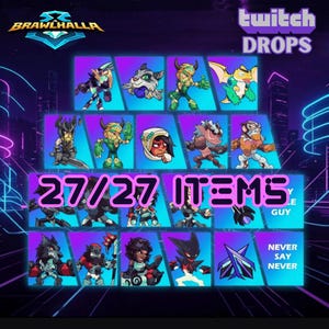 Puede incluir: Una pantalla gráfica digital para los Twitch Drops de Brawlhalla que presenta una cuadrícula de 27 iconos de personajes y objetos del juego. El diseño incluye varias figuras animadas en marcos azules y morados, con el texto rosa en negrita 27/27 ITEMS centrado sobre la cuadrícula y el texto NEVER SAY NEVER en la esquina inferior derecha.
