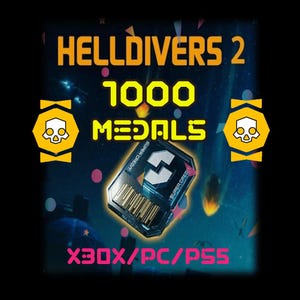 Puede incluir: Imagen promocional de Helldivers 2, con el título del juego en naranja, el texto "1000 MEDALS" en amarillo y una tarjeta Super Credit. La imagen también incluye las plataformas XBOX/PC/PS5.